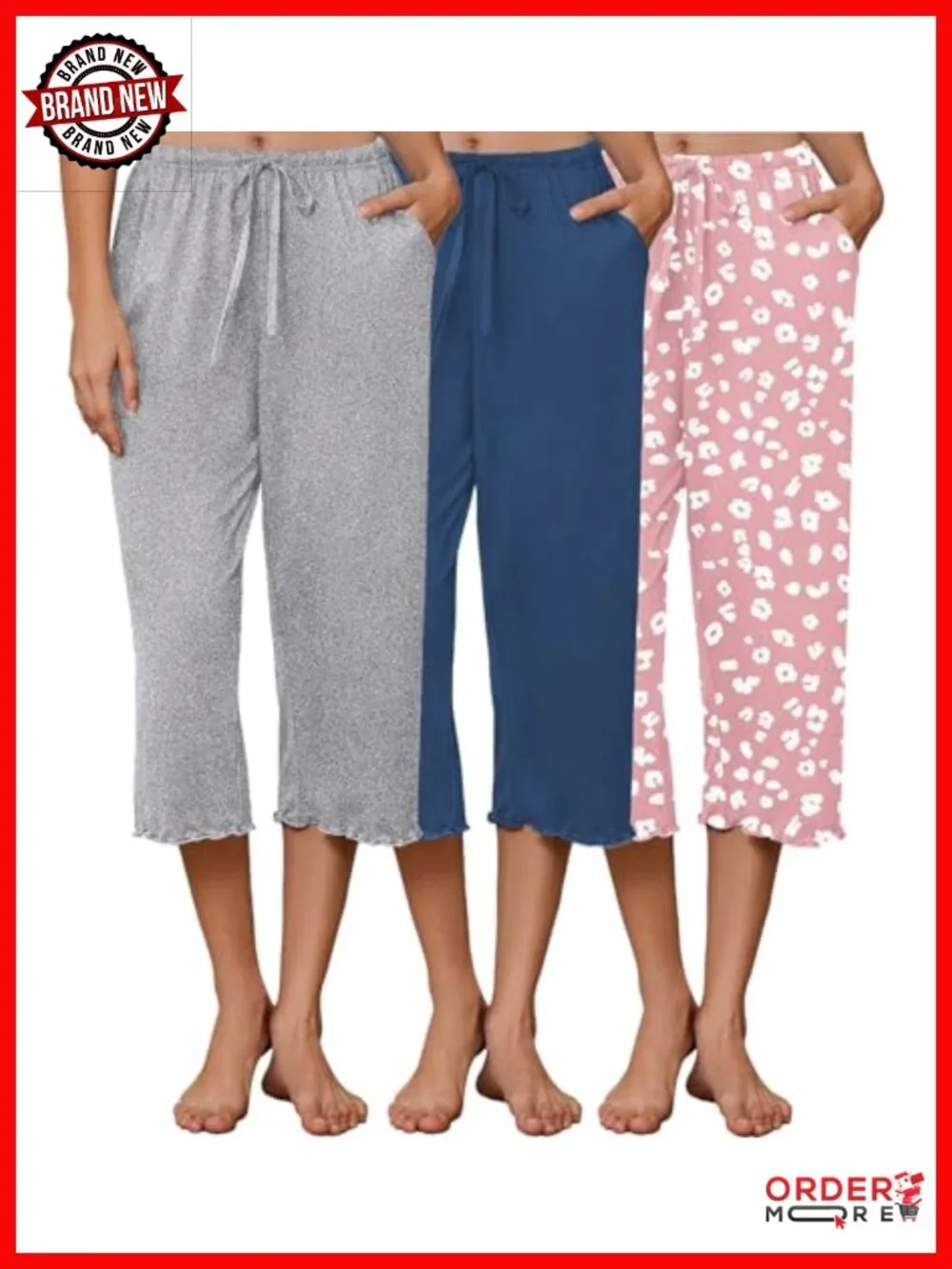 Women's Capri Pajama Lounge Pants 3-Pack Soft Knit Ruffled Trim with Pockets